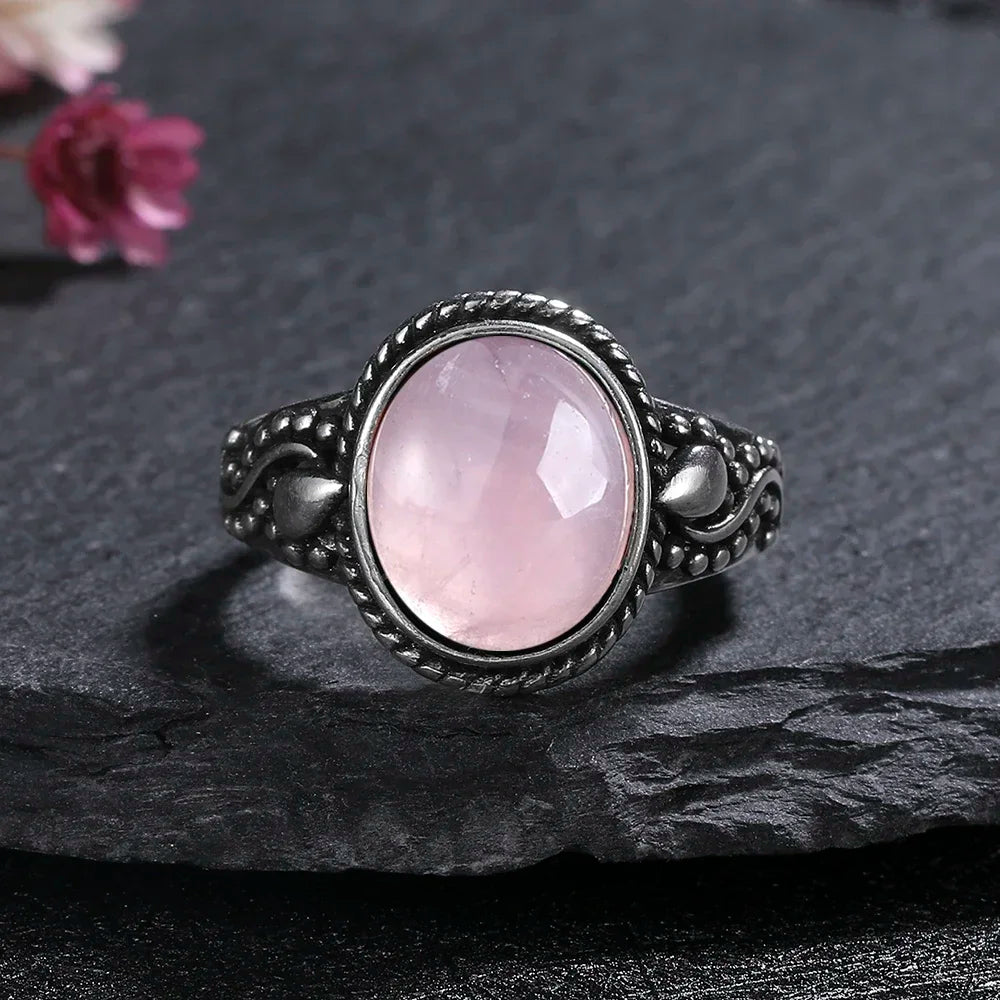 Vintage S925 Sterling Silver Ring Oval Round Natural Rose Quartz Ring Pink Stone Sun Shaped Retro Silver Fine Jewelry For Women