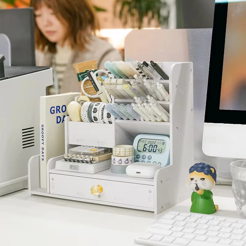 Wooden Desk Organizer with Pen & Book Storage
