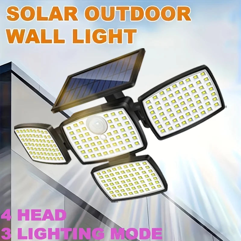 4-Head Solar Motion Sensor Outdoor Light | 360° Wide Angle Security Floodlight