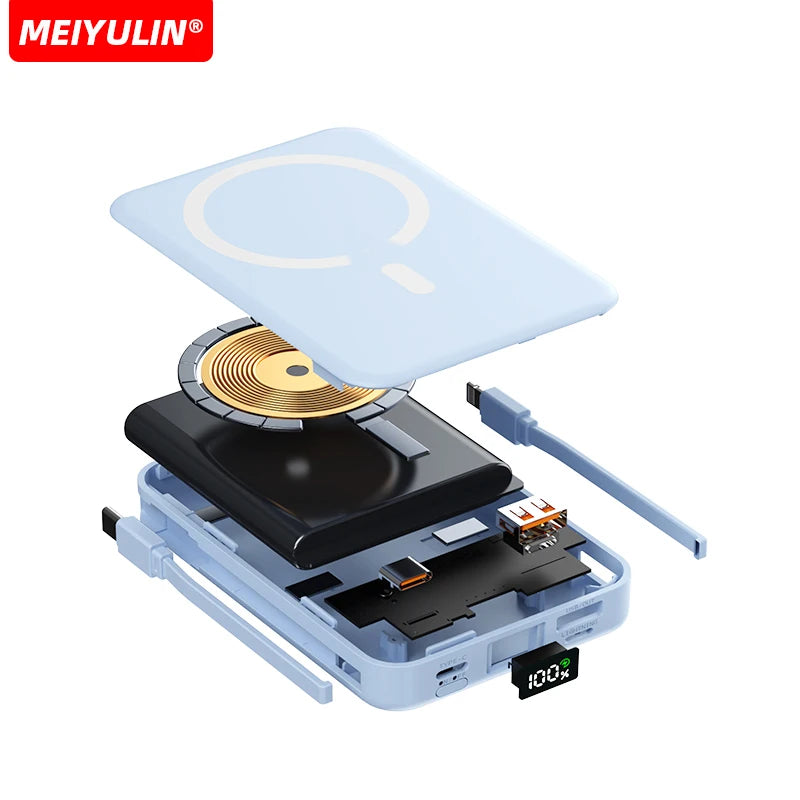 10000mAh Magnetic Wireless Power Bank with Built in Cables and Fast Charging Stand