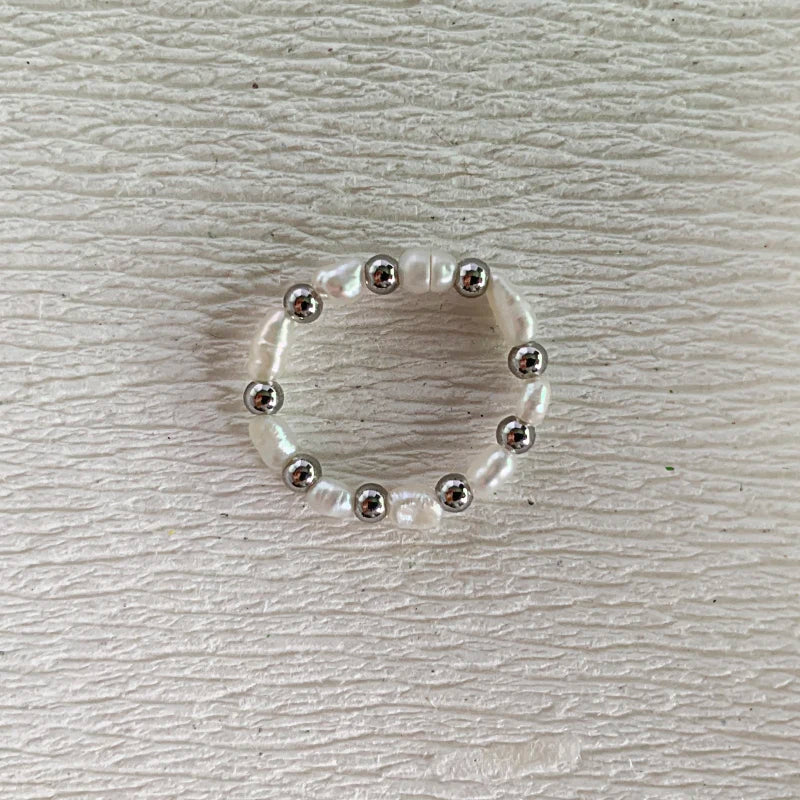 Elegant Handmade Freshwater Pearl Rings Women With Stainless Steel Bead Elastic Thread Wedding Statement Ring Gift