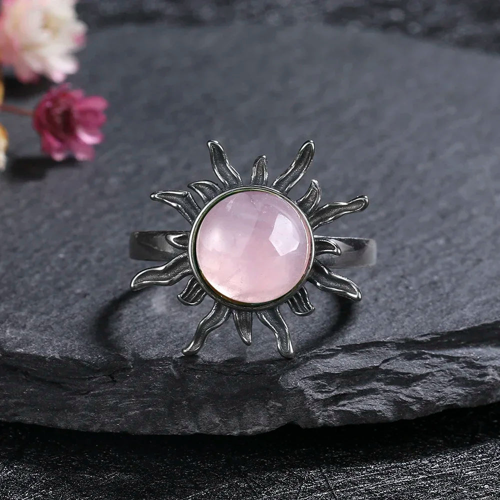 Vintage S925 Sterling Silver Ring Oval Round Natural Rose Quartz Ring Pink Stone Sun Shaped Retro Silver Fine Jewelry For Women