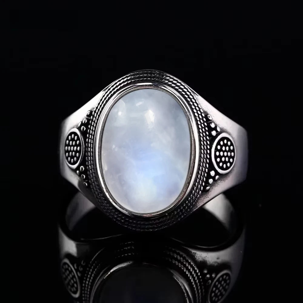 Vintage 925 Silver Ring Natural Moonstone Flower Ring 925 Hollow Eye Shape Round Sun And Moon Ring Fine Jewelry for Women Men