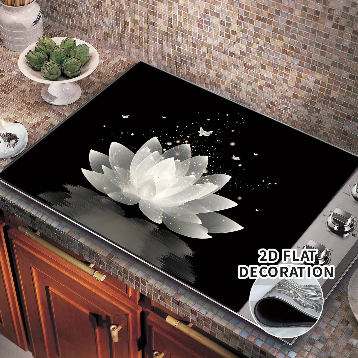 Lotus Butterfly Stove Top Cover Heat Resistant Non Slip Protector Mat for Induction Cooktop Kitchen Decor 2D Flat Cover