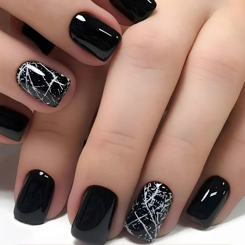 24Pcs Press on Fake Nails Short Square Black Starlit Sky Full Cover Tips