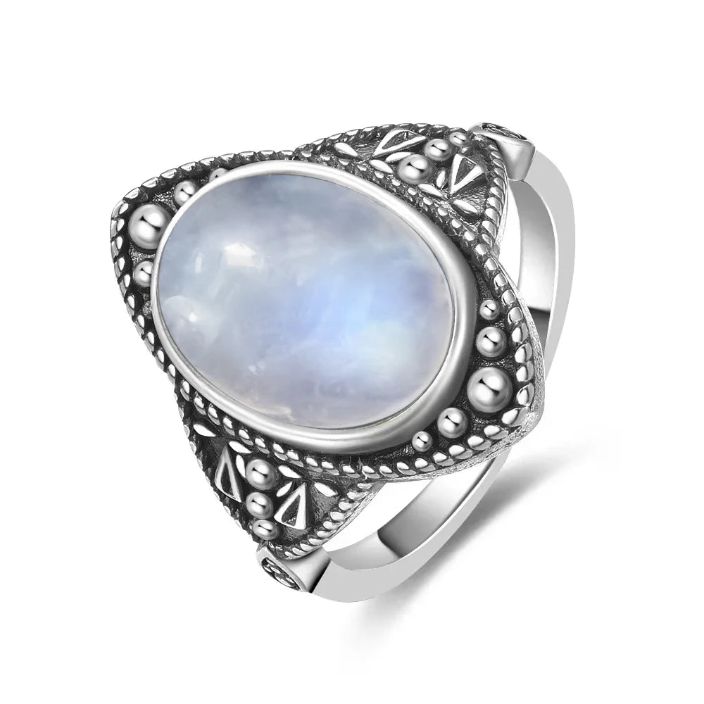 Vintage 925 Silver Ring Natural Moonstone Flower Ring 925 Hollow Eye Shape Round Sun And Moon Ring Fine Jewelry for Women Men
