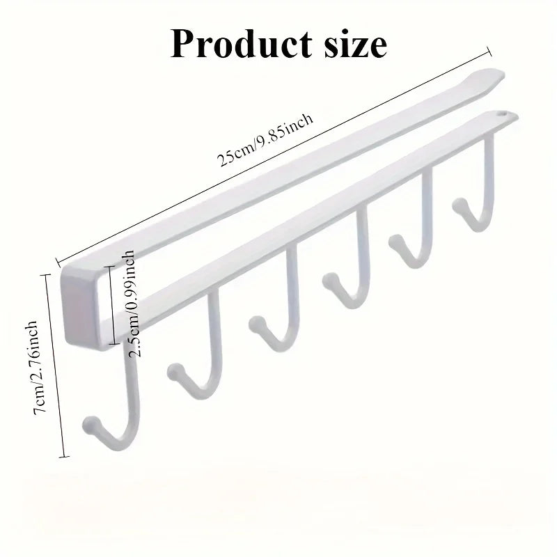 Under Cabinet Kitchen Storage Rack 6 Hooks Mug Cup Holder Hanging Organizer