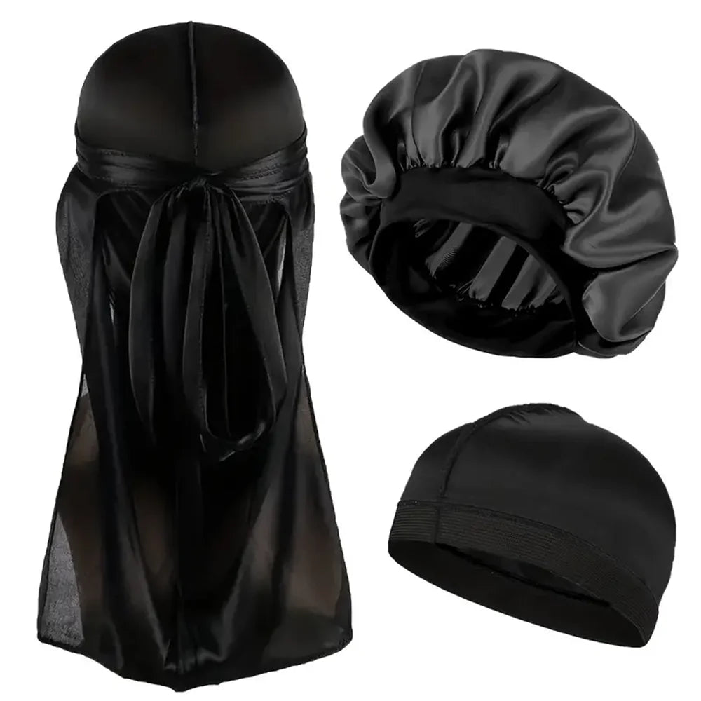 3pcs Satin Bonnet Durag and Dome Cap Set Elastic Night Sleep Hair Wrap