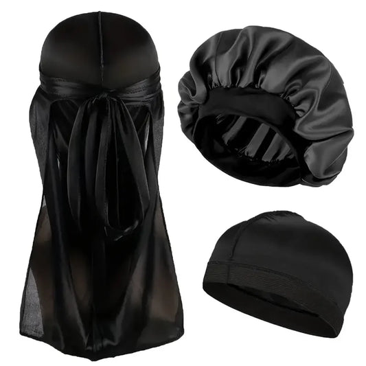 3pcs Satin Bonnet Durag and Dome Cap Set Elastic Night Sleep Hair Wrap