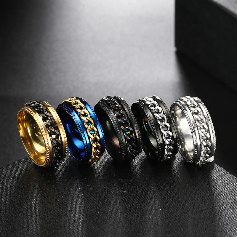 Anxiety Fidget Rings For Men Spining Titanium Stainless Steel Colorfully Spinner Rotatable Chain Jewelry Rotating Rings Men Gift