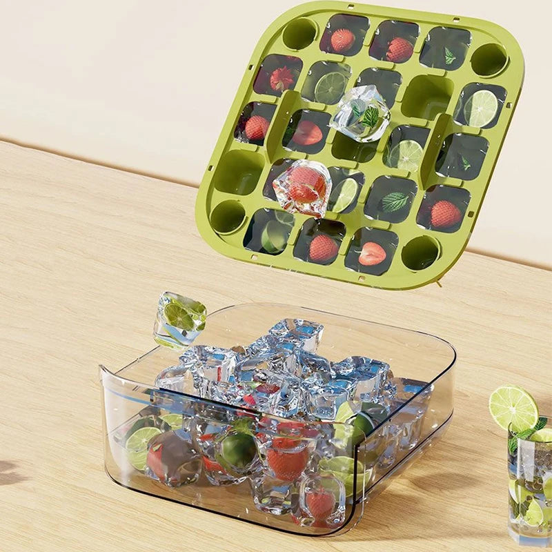 Double Layer Ice Cube Tray Box with Lid and Bin Pull Out Ice Storage Drawer