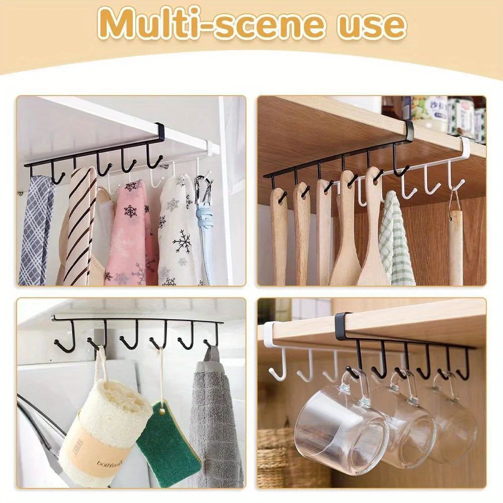 Under Cabinet Kitchen Storage Rack 6 Hooks Mug Cup Holder Hanging Organizer