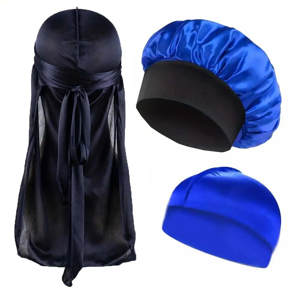 3pcs Satin Bonnet Durag and Dome Cap Set Elastic Night Sleep Hair Wrap