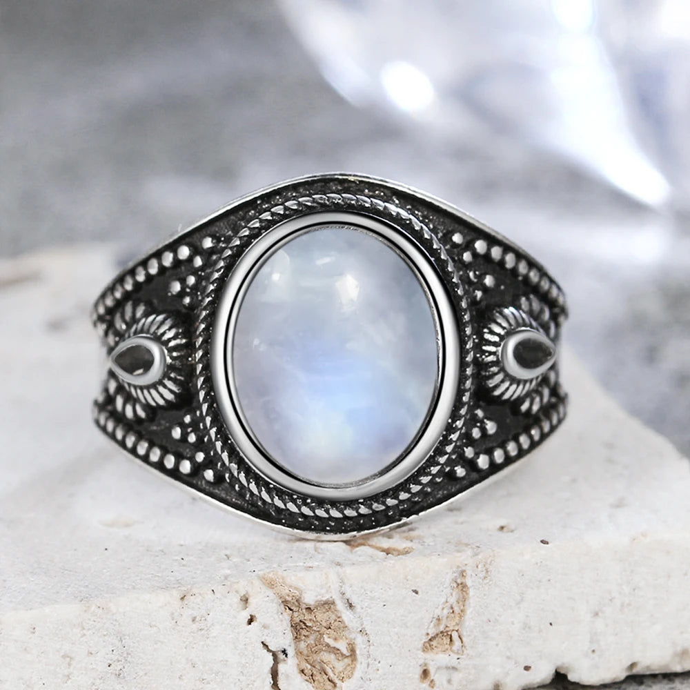 Vintage 925 Silver Ring Natural Moonstone Flower Ring 925 Hollow Eye Shape Round Sun And Moon Ring Fine Jewelry for Women Men