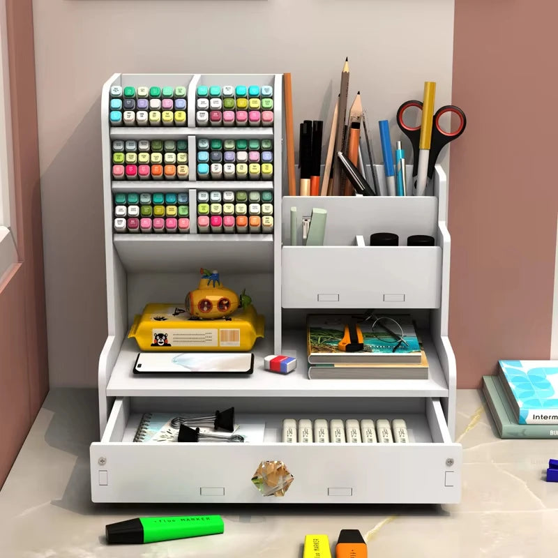 Wooden Desk Organizer with Pen & Book Storage