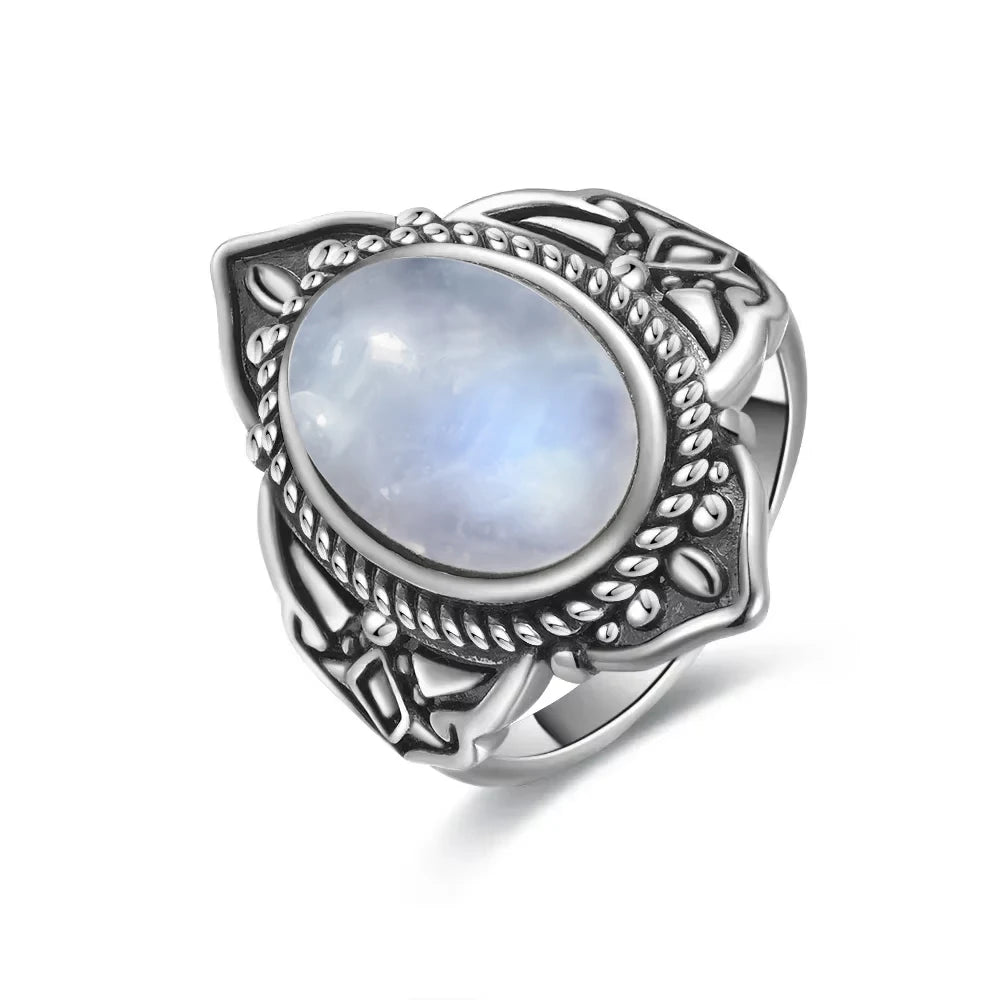 Vintage 925 Silver Ring Natural Moonstone Flower Ring 925 Hollow Eye Shape Round Sun And Moon Ring Fine Jewelry for Women Men