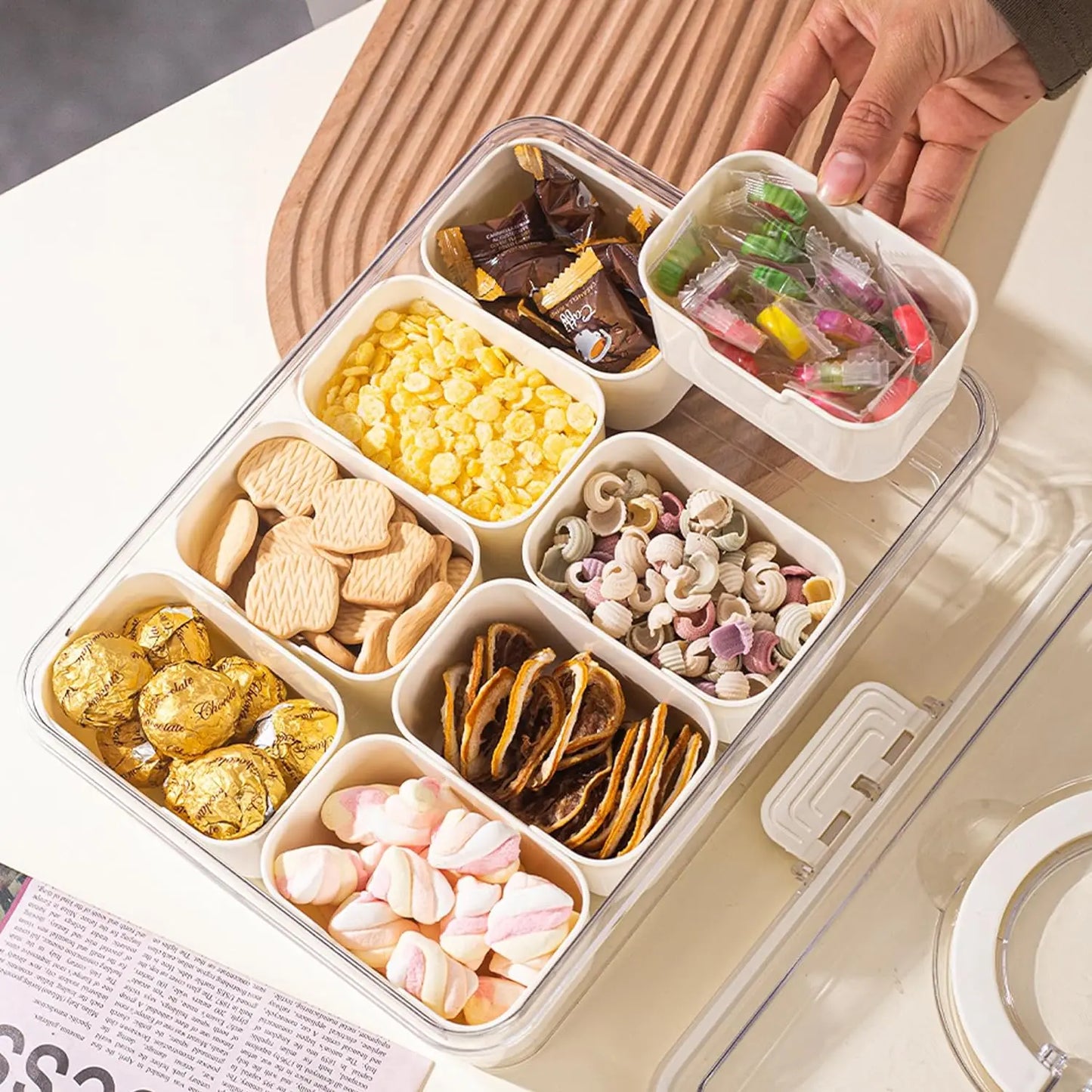 4Grid /8 Grid Snack Box Container, Portable Travel Charcuterie Board with Lid, Refrigerator Food Storage Box, Snack Organizer
