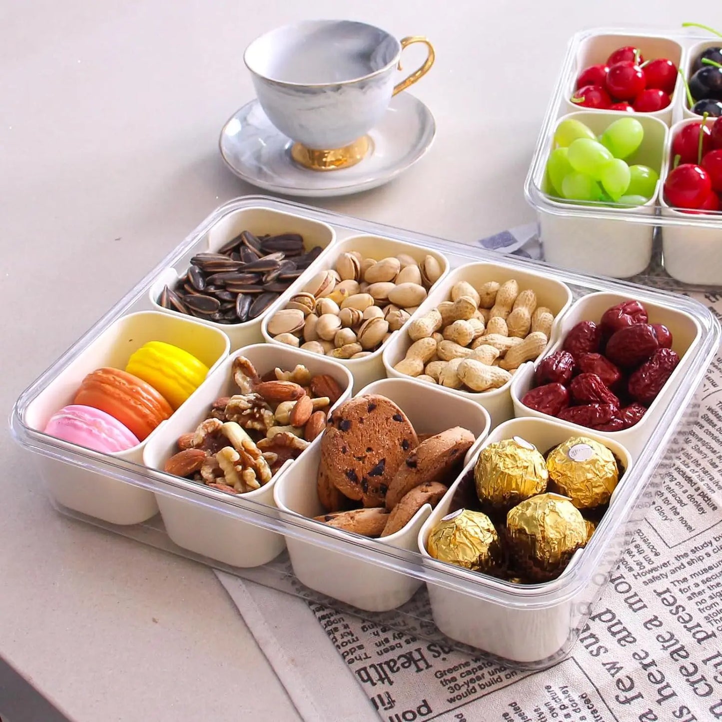 4Grid /8 Grid Snack Box Container, Portable Travel Charcuterie Board with Lid, Refrigerator Food Storage Box, Snack Organizer