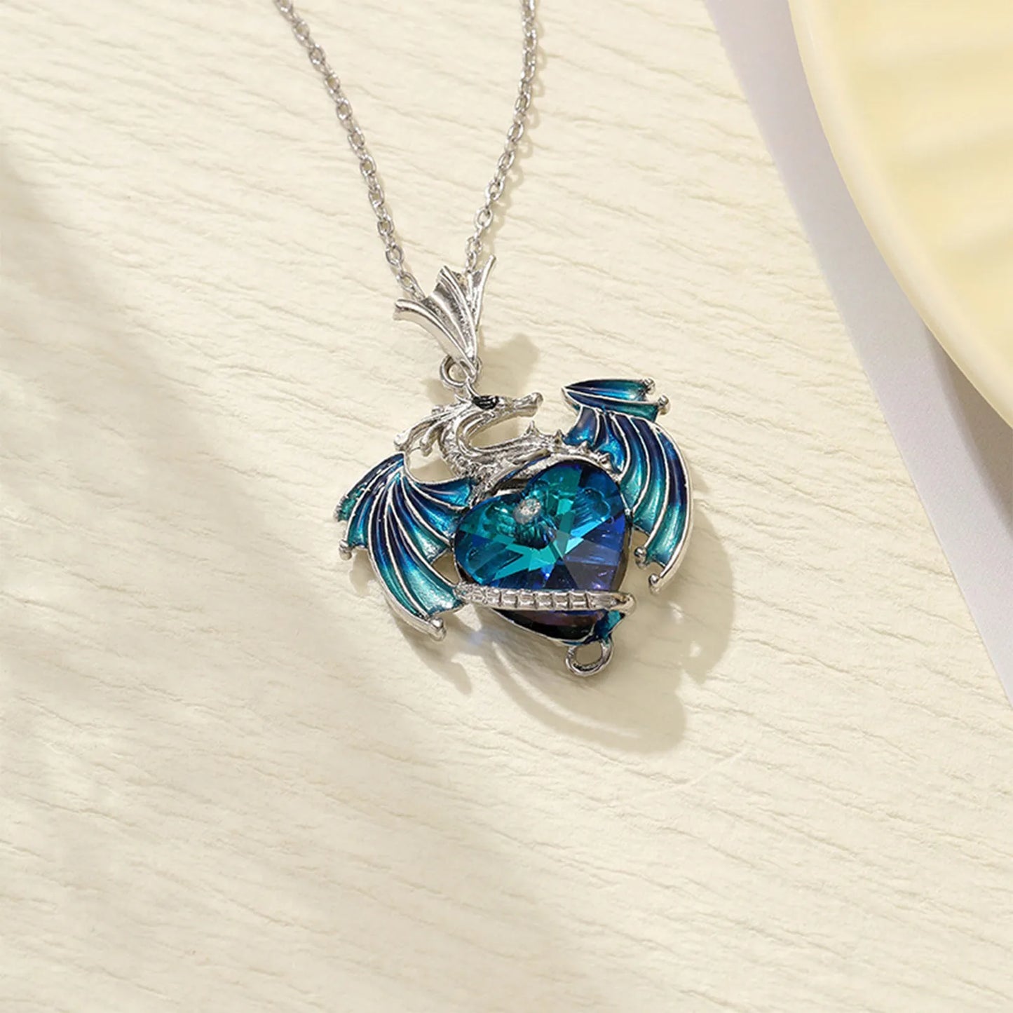 Silver Dragon Heart Rhinestone Pendant Necklace Exquisite Multi-Color Party Jewelry