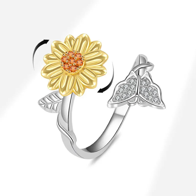 925 Sterling Silver Rotatable Sunflower Ring