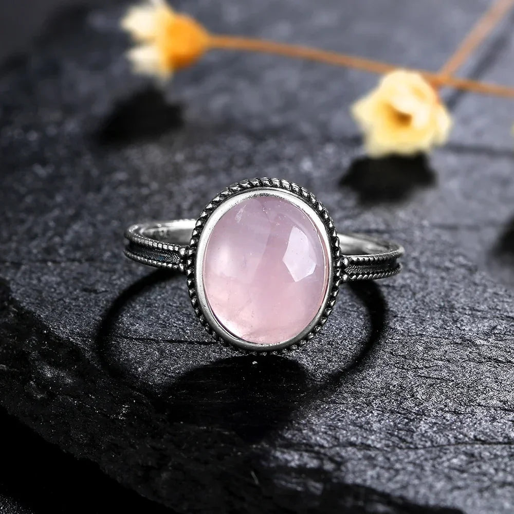 Vintage S925 Sterling Silver Ring Oval Round Natural Rose Quartz Ring Pink Stone Sun Shaped Retro Silver Fine Jewelry For Women