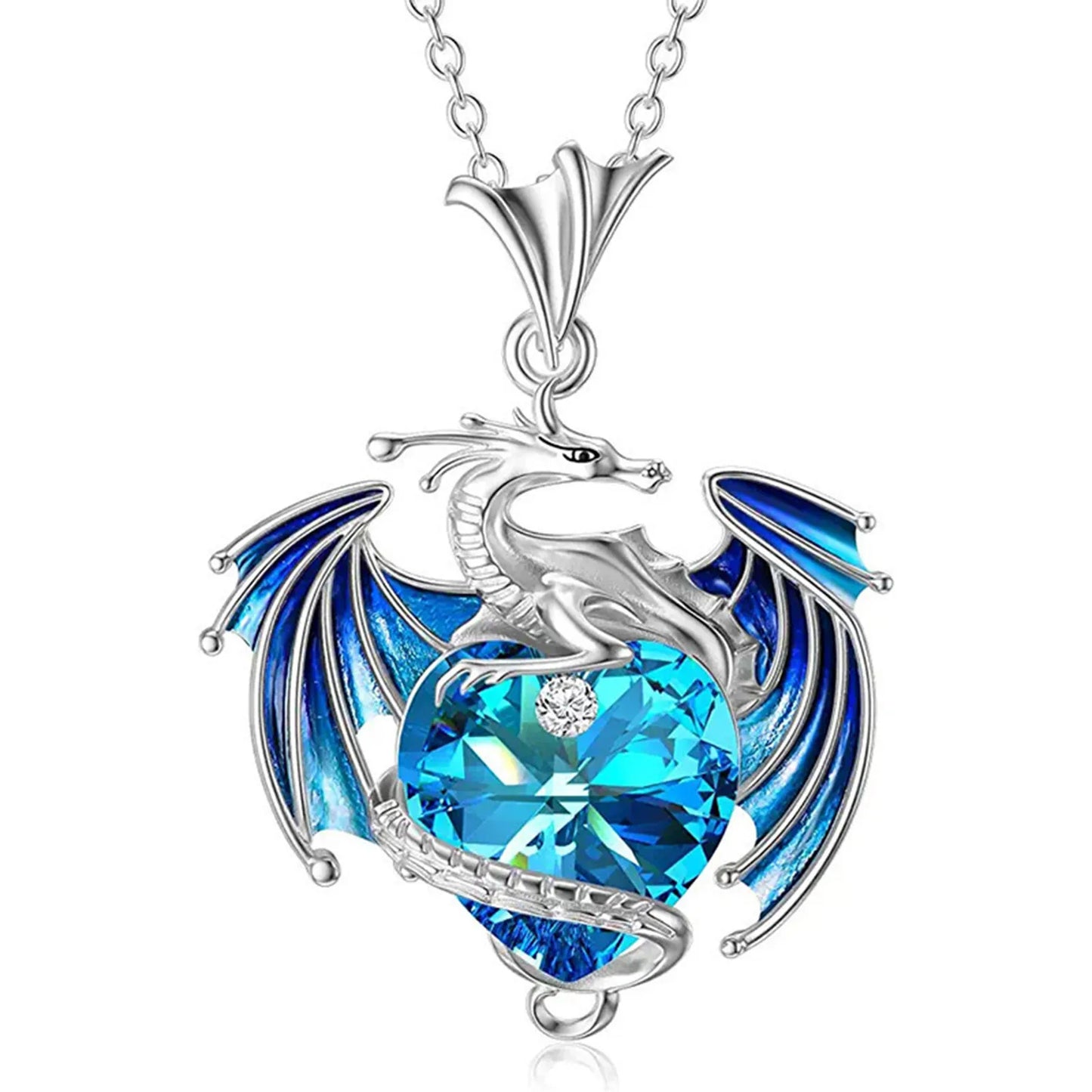 Silver Dragon Heart Rhinestone Pendant Necklace Exquisite Multi-Color Party Jewelry