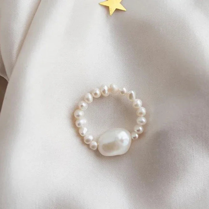 Elegant Handmade Freshwater Pearl Rings Women With Stainless Steel Bead Elastic Thread Wedding Statement Ring Gift