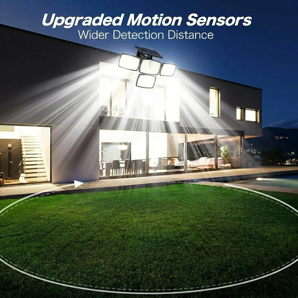 4-Head Solar Motion Sensor Outdoor Light | 360° Wide Angle Security Floodlight