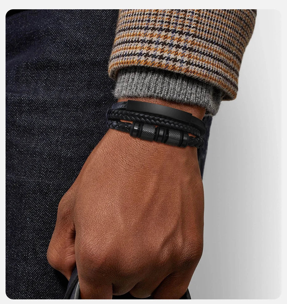 Vnox Personalized Braided Leather Bracelet for Men Handmade Triple Woven Pu Leather Bracelet Custom Name Text Jewelry Gifts