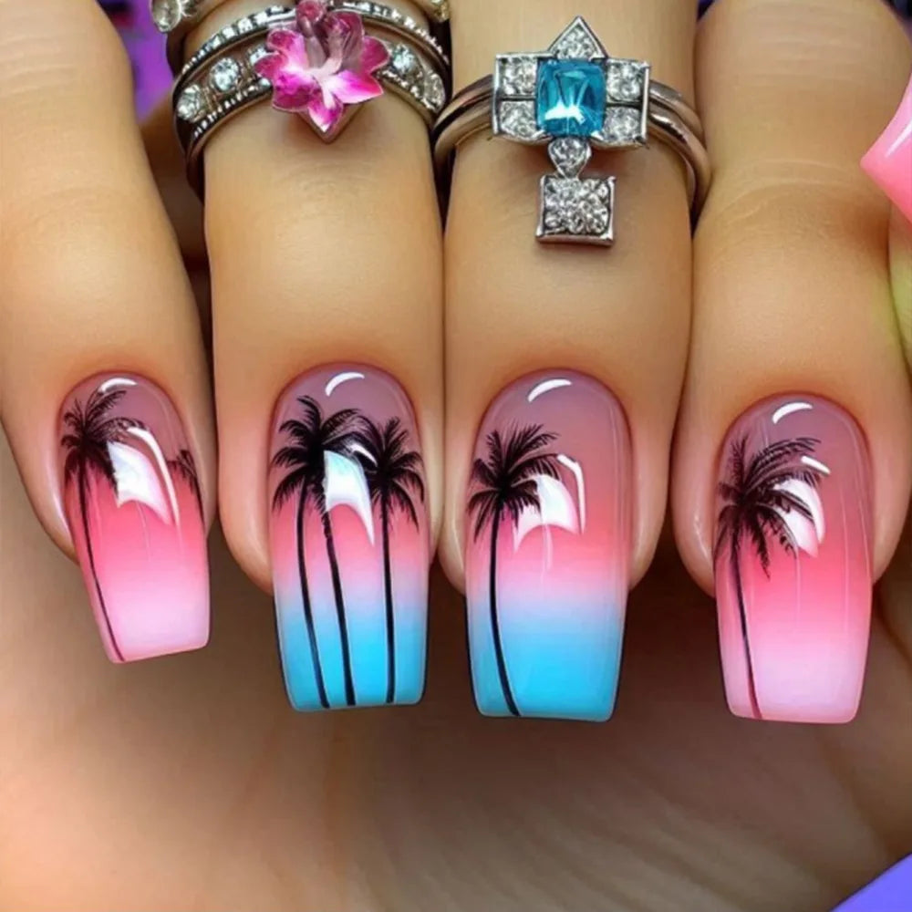 24pcs Simple French Press on Nails Tips Love Stripe Design Short Square False Nails Woman Acrylic Full Cover Nail Art Fake Nail