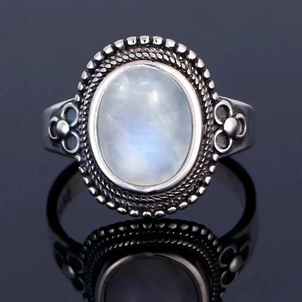 Vintage 925 Silver Ring Natural Moonstone Flower Ring 925 Hollow Eye Shape Round Sun And Moon Ring Fine Jewelry for Women Men