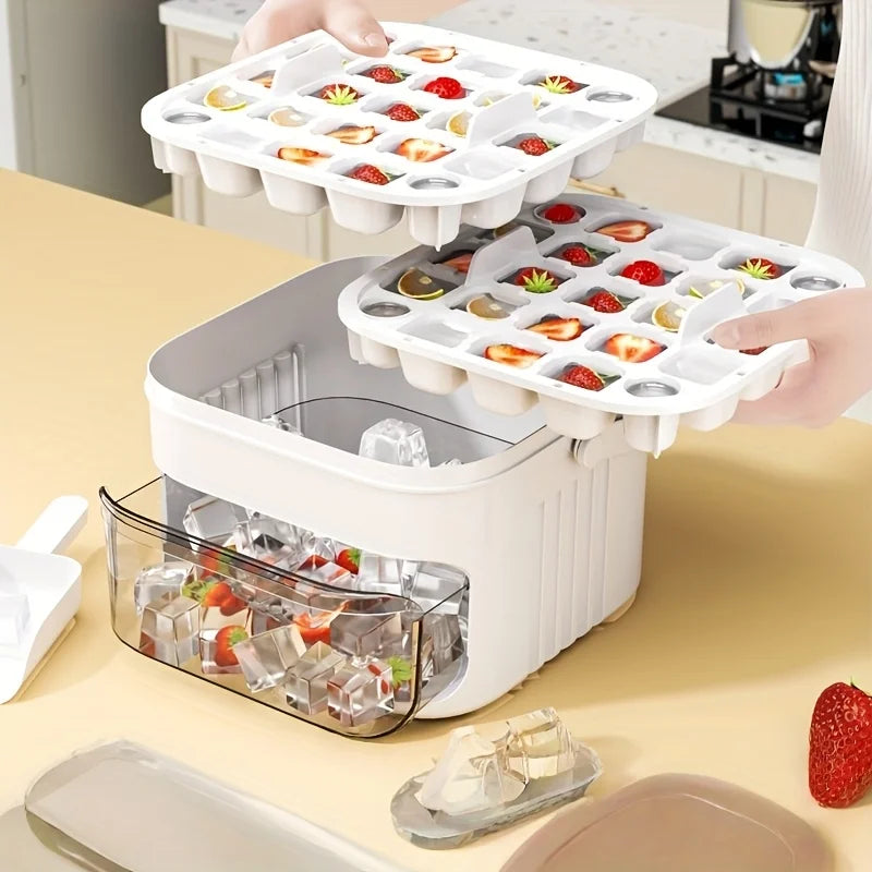 Double Layer Ice Cube Tray Box with Lid and Bin Pull Out Ice Storage Drawer