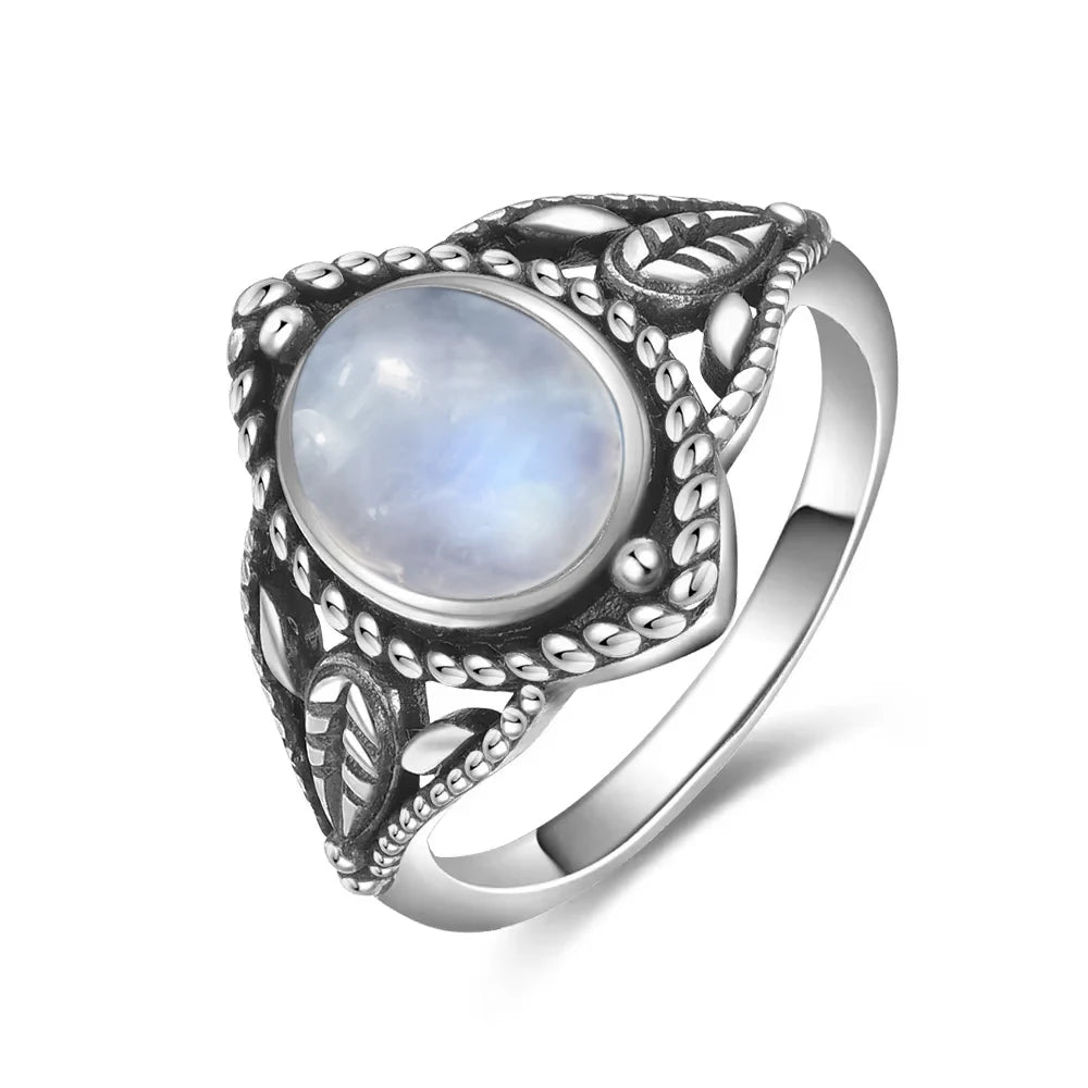 Vintage 925 Silver Ring Natural Moonstone Flower Ring 925 Hollow Eye Shape Round Sun And Moon Ring Fine Jewelry for Women Men