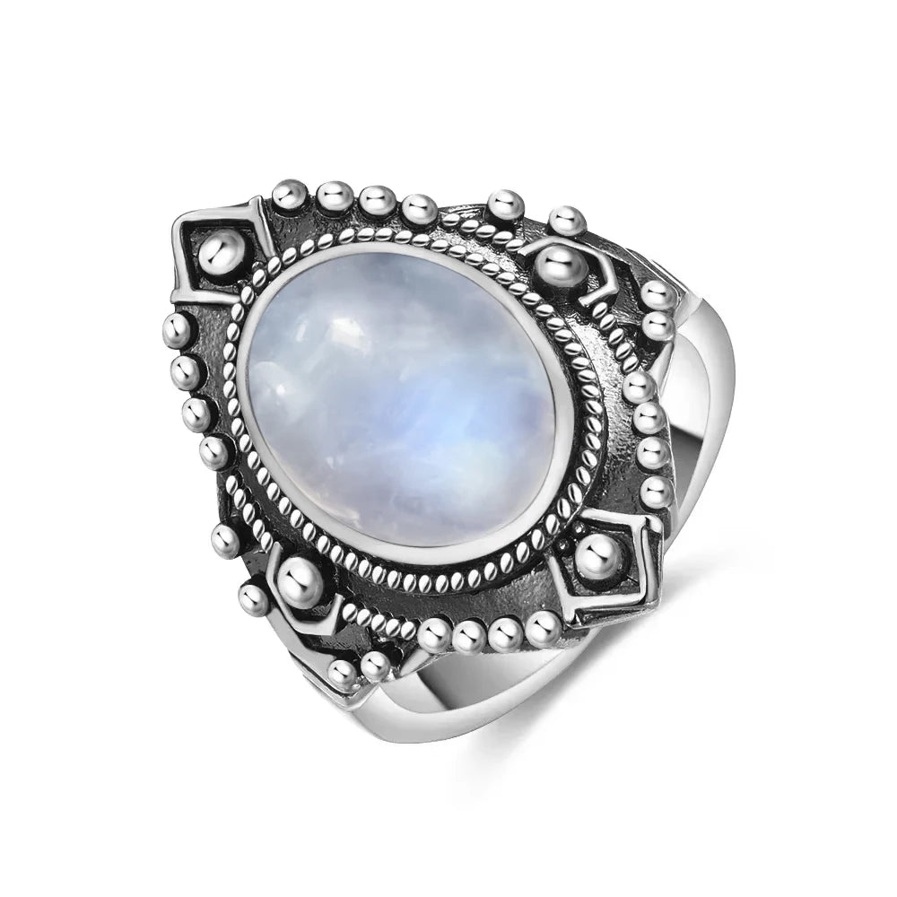 Vintage 925 Silver Ring Natural Moonstone Flower Ring 925 Hollow Eye Shape Round Sun And Moon Ring Fine Jewelry for Women Men