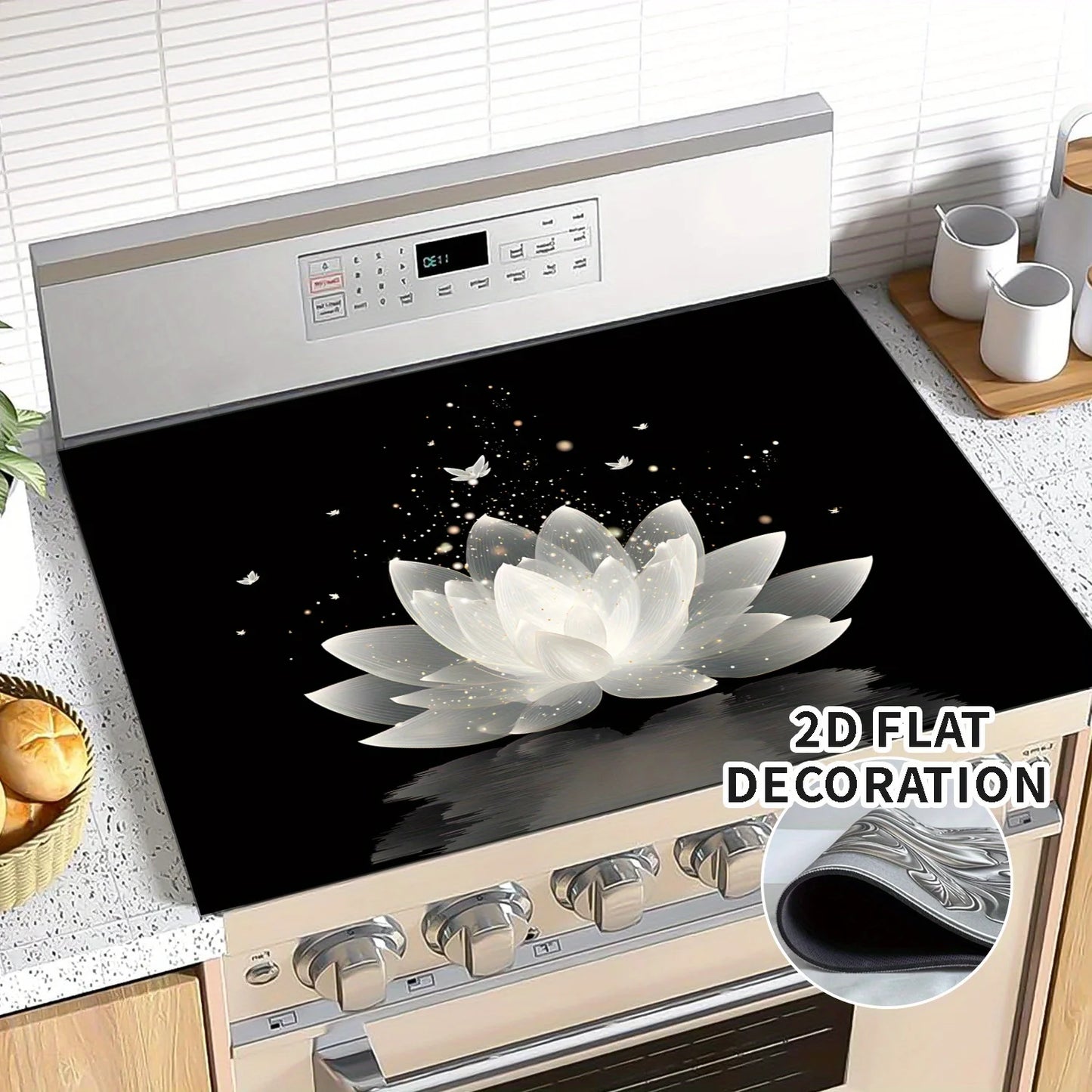 Lotus Butterfly Stove Top Cover Heat Resistant Non Slip Protector Mat for Induction Cooktop Kitchen Decor 2D Flat Cover