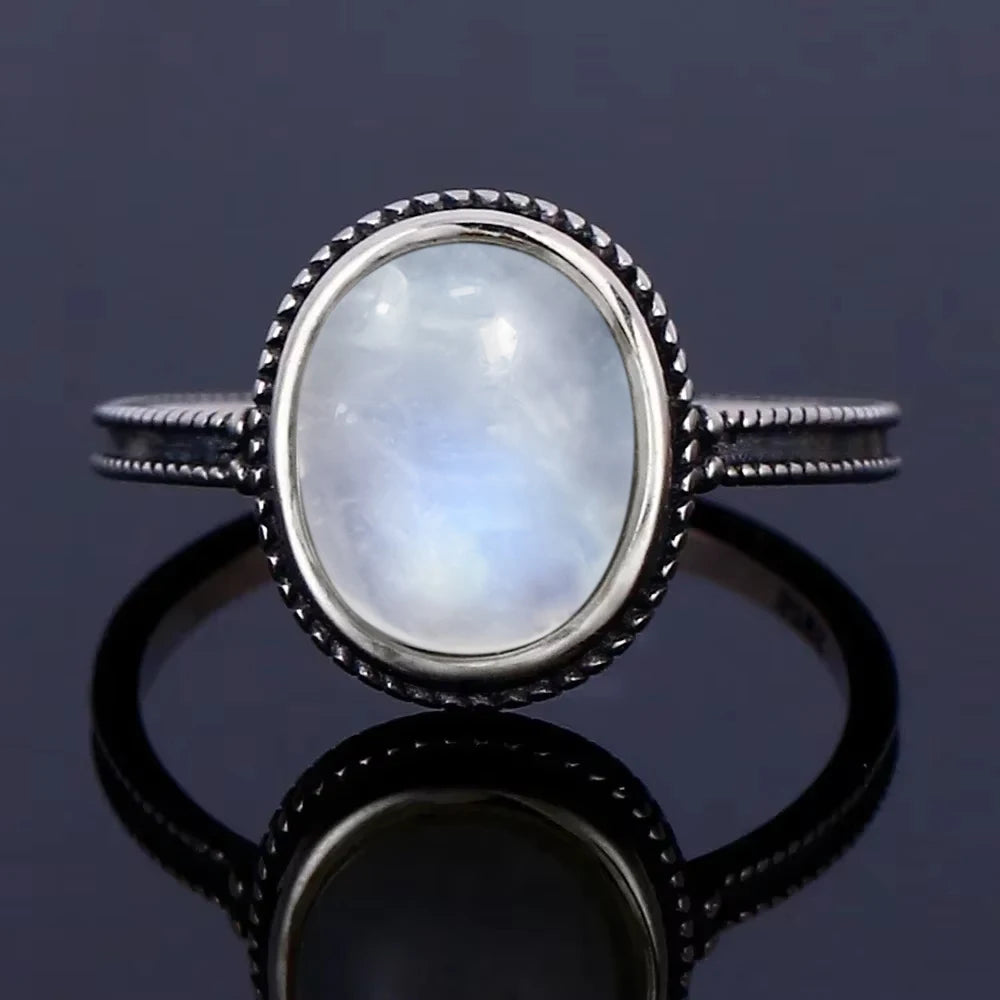 Vintage 925 Silver Ring Natural Moonstone Flower Ring 925 Hollow Eye Shape Round Sun And Moon Ring Fine Jewelry for Women Men