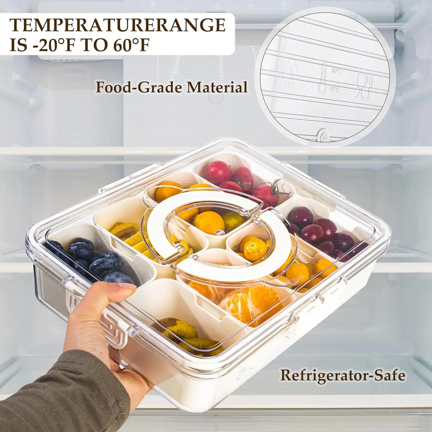 4Grid /8 Grid Snack Box Container, Portable Travel Charcuterie Board with Lid, Refrigerator Food Storage Box, Snack Organizer