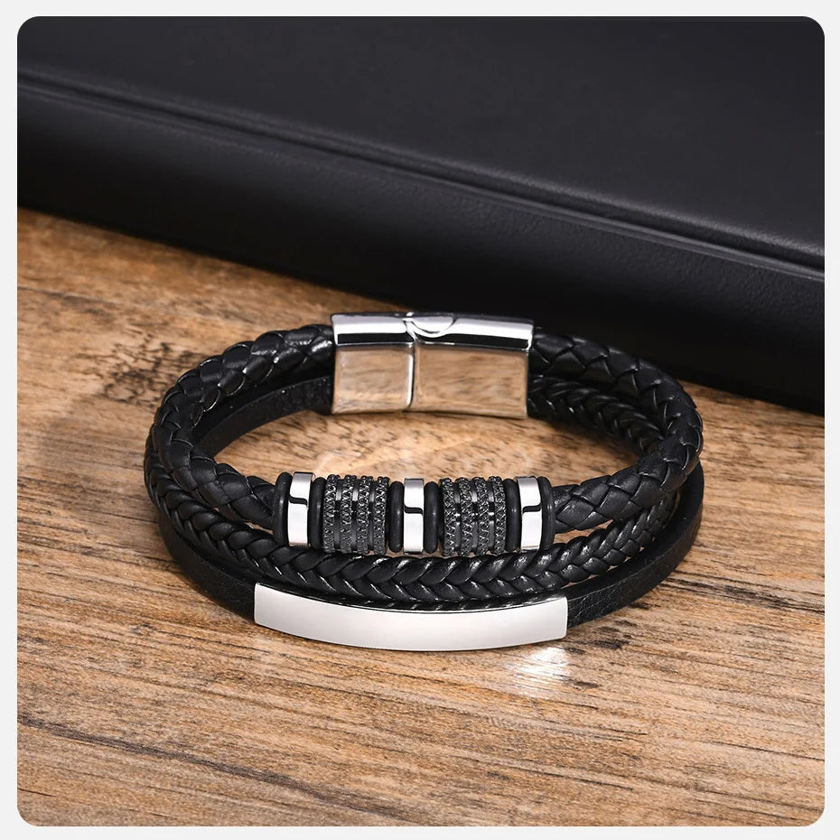 Vnox Personalized Braided Leather Bracelet for Men Handmade Triple Woven Pu Leather Bracelet Custom Name Text Jewelry Gifts