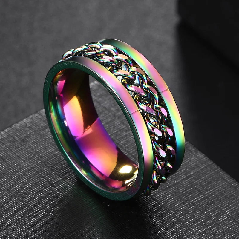Anxiety Fidget Rings For Men Spining Titanium Stainless Steel Colorfully Spinner Rotatable Chain Jewelry Rotating Rings Men Gift