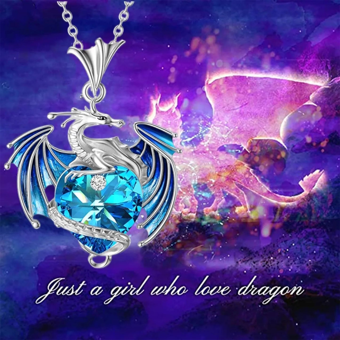 Silver Dragon Heart Rhinestone Pendant Necklace Exquisite Multi-Color Party Jewelry