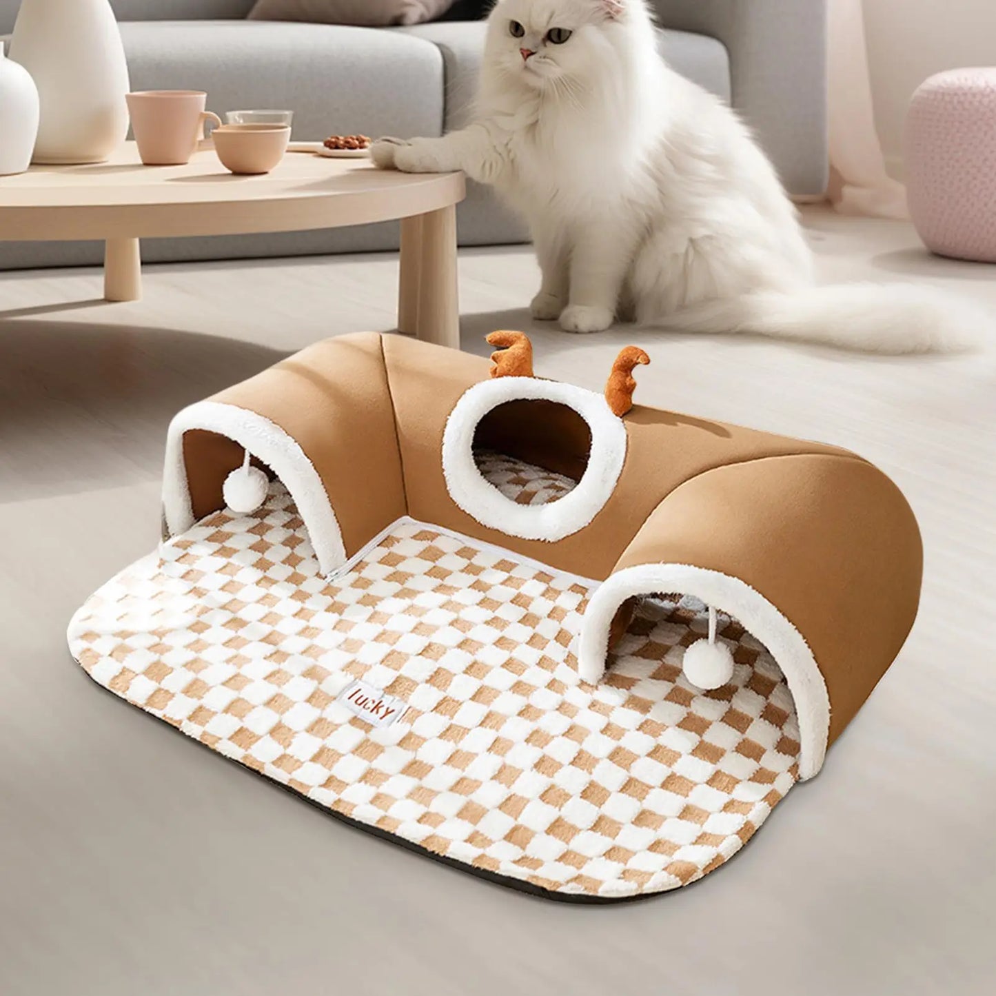 Cat Bed and Play Tunnel Warm House Tent with Plush Mat Indoor Hideaway Corner Shelter Foldable Pet Furniture for Kittens Cats