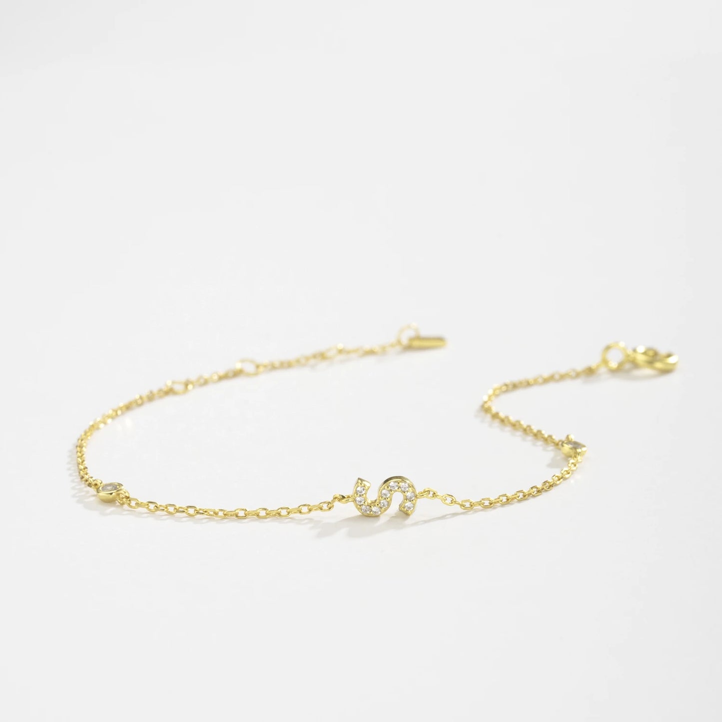 925 Sterling Silver Initial Letter Bracelet Gold CZ Zircon Alphabet Monogram