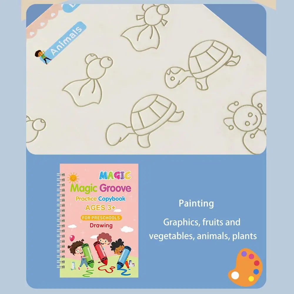 4-Pack Magic Grooved Handwriting Workbooks | Reusable Tracing Set with Pen Aid