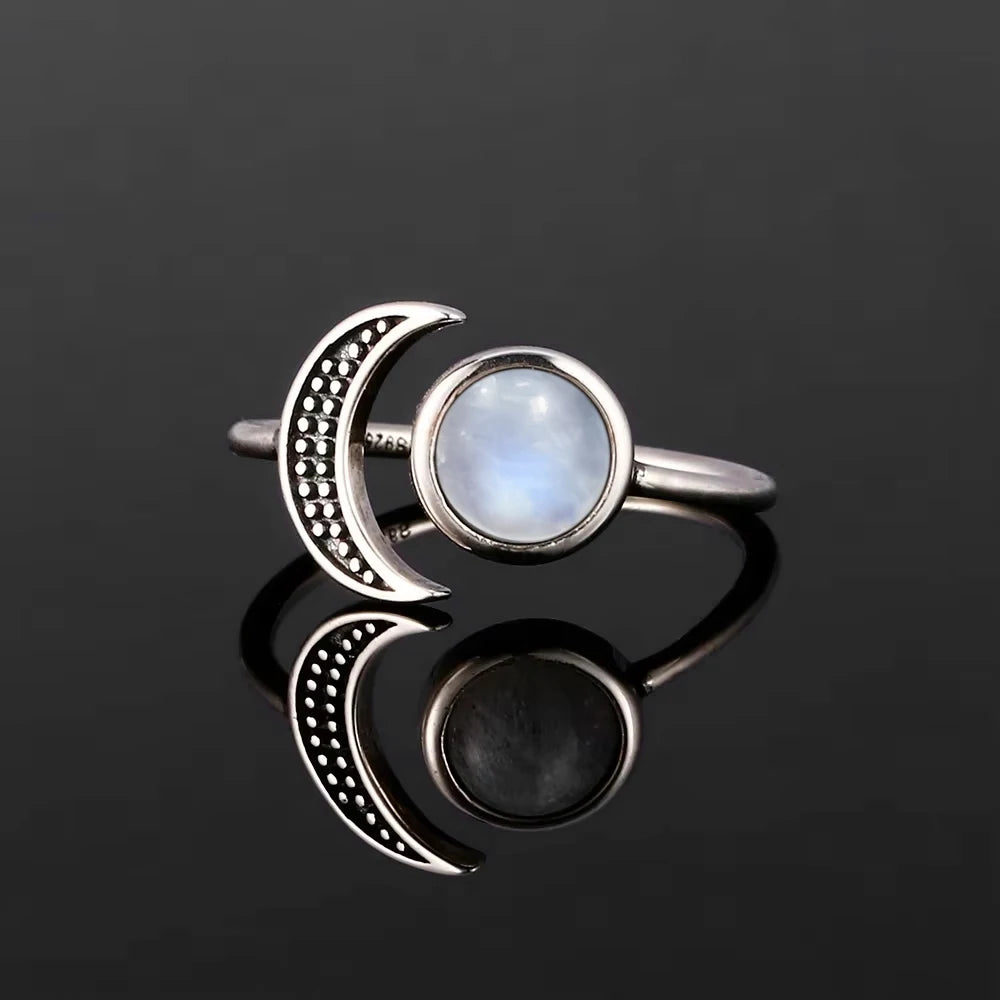 Vintage 925 Silver Ring Natural Moonstone Flower Ring 925 Hollow Eye Shape Round Sun And Moon Ring Fine Jewelry for Women Men