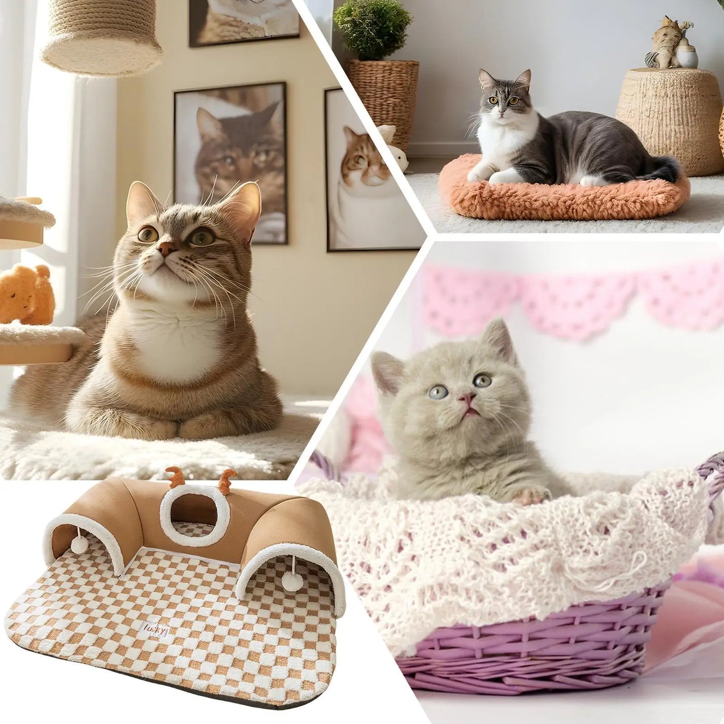 Cat Bed and Play Tunnel Warm House Tent with Plush Mat Indoor Hideaway Corner Shelter Foldable Pet Furniture for Kittens Cats