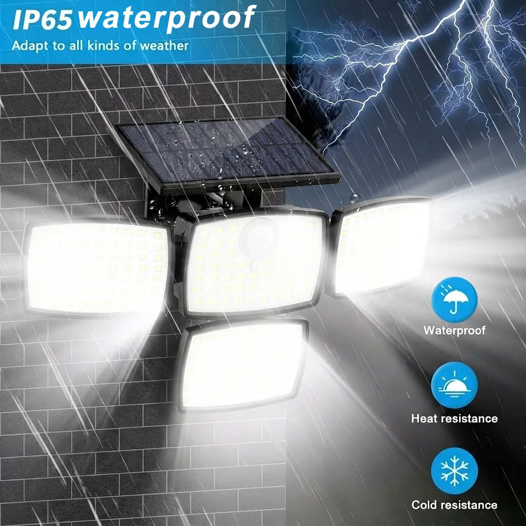 4-Head Solar Motion Sensor Outdoor Light | 360° Wide Angle Security Floodlight