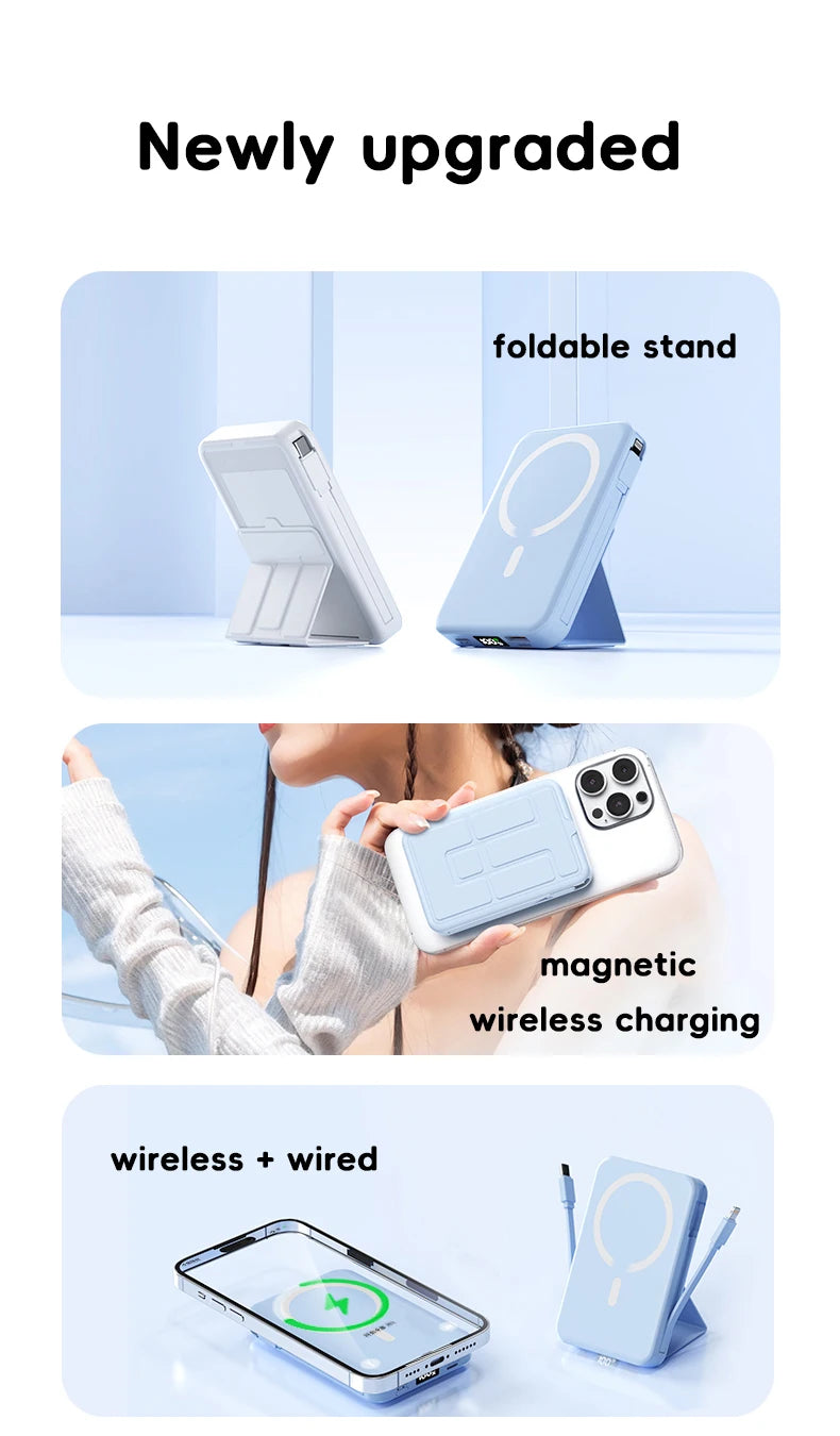 10000mAh Magnetic Wireless Power Bank with Built in Cables and Fast Charging Stand