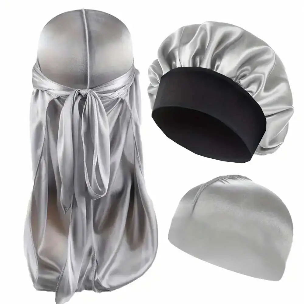 3pcs Satin Bonnet Durag and Dome Cap Set Elastic Night Sleep Hair Wrap