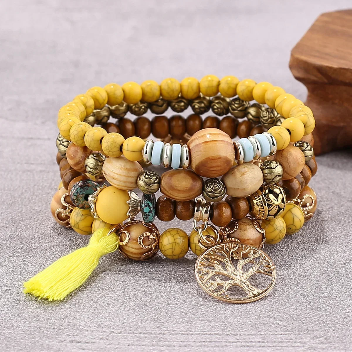 4Pcs/Set Boho Wooden Beaded Bracelet Set For Women Tree Of Life White Tassels Charm Elastic Chain Bangle Men Bohemia Jewelry