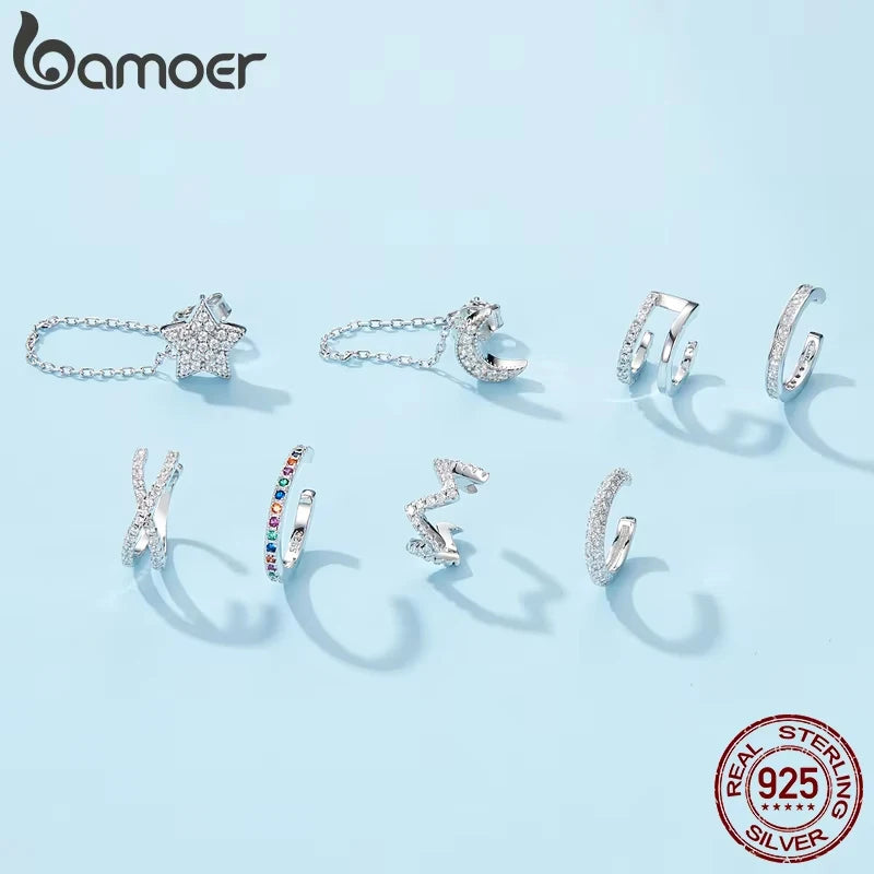 BAMOER 925 Sterling Silver Mono Clip Earrings for Girl CZ Platinum Plated Ear Cuffs Non Piercing for Women Wedding Party Jewelry